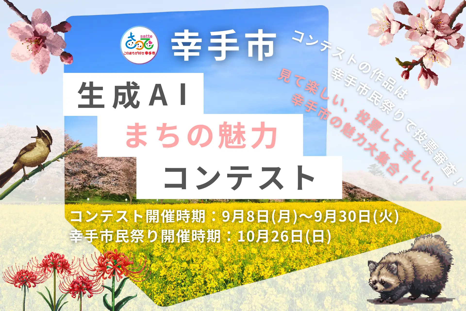 幸手市、市民参加型AIアート公募を開始 埼玉県幸手市は株式会社Sai（本社・大阪市、代表取締役・片野正也）と連携し、AIを活用して地域の魅力を発信する「AIクリエイティブコンテスト in 幸手市」を開催する。市民の視点でまちの価値を再発見し、地域愛を高めることを目的とした新しい取り組みである。 コンテストでは「幸手らしさ」や「幸手市の魅力」をテーマに、AIで生成された画像や動画作品を募集する。応募作品は10月26日に行われる「第30回 幸手市民まつり」で展示され、来場者による投票で審査が行われる。募集期間は9月8日から30日まで。 企画と運営はSaiが全面的に支援する。同社が提供するオンラインプラットフォーム「Sai design arena」を活用し、企画立案から作品募集、審査、結果発表までを自動化。自治体が簡便にAIを活用した市民参加型イベントを実施できる仕組みを整える。 背景には、自治体でのAI導入が進む中、単なる業務効率化を超えた“市民参加型のAI活用”への関心が高まっていることがある。幸手市とSaiは今回の取り組みを通じて、新たな地域プロモーションモデルを提示し、今後の他自治体への展開も見据えている。 主催は幸手市、企画運営支援はSai、協力はTSUYUDAKU LABが務める。市民とAIがともに地域の魅力を創り出す新しい試みとして注目される。