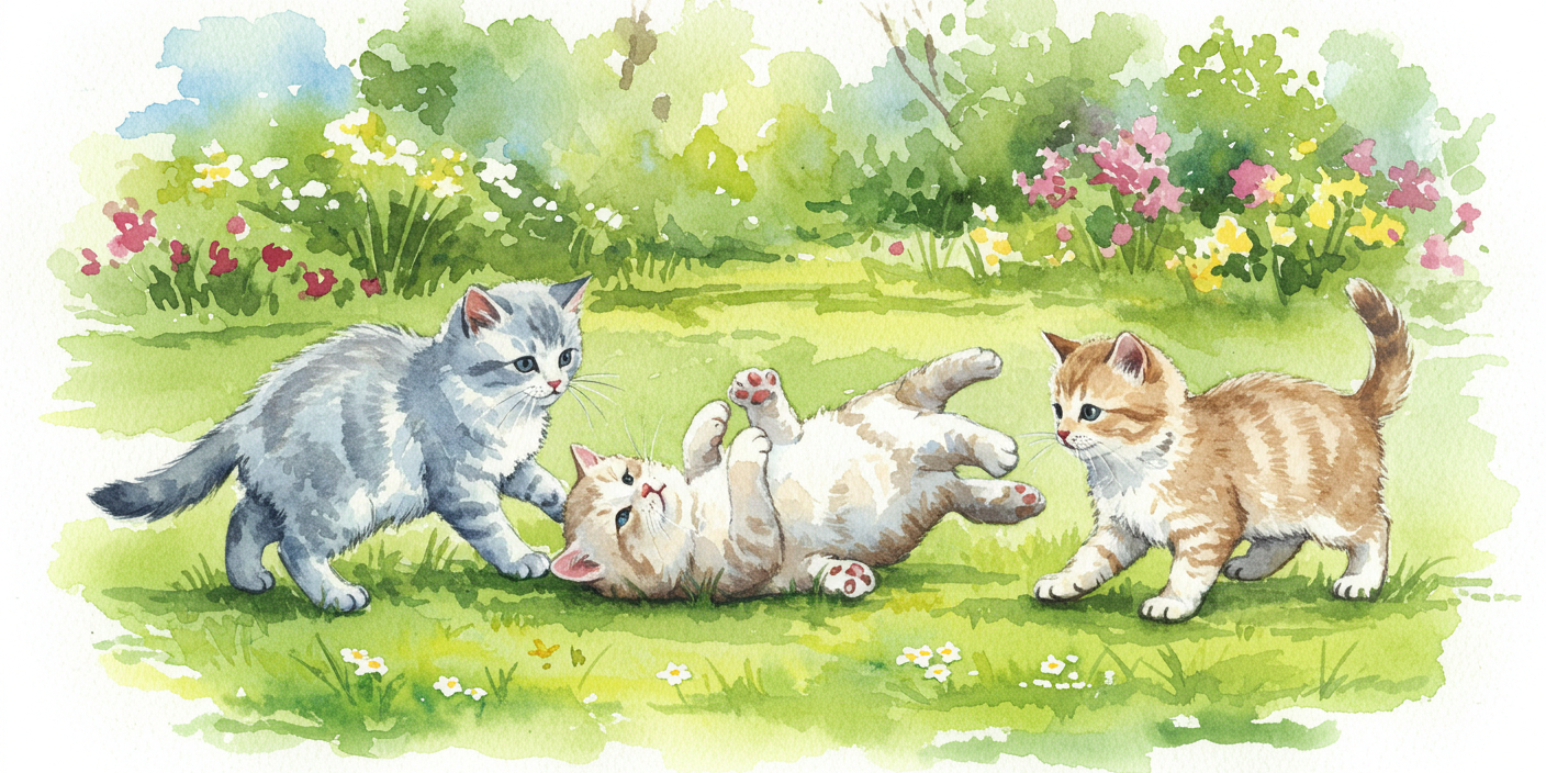 AIで生成した水彩画風の公園で遊ぶ子猫