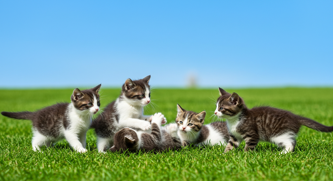 AIで生成した公園で遊ぶ子猫と青い空