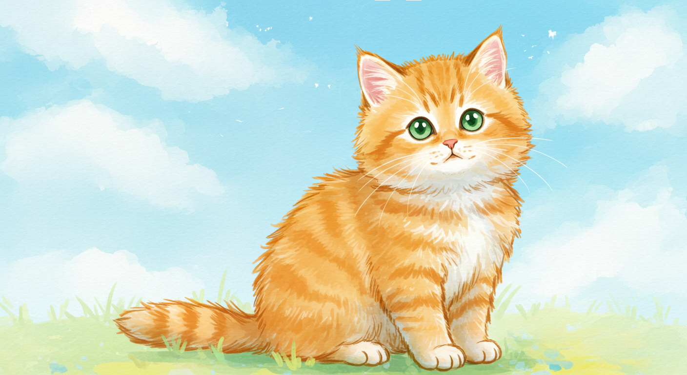 青空の下、中央に座る水彩画風のかわいい子猫のイラスト